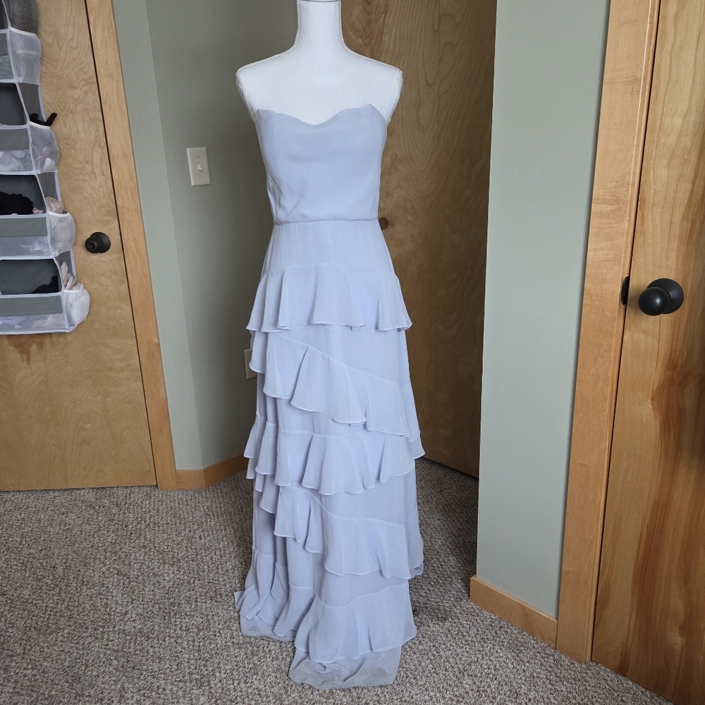 Jenny Yoo Simona Strapless Light Blue Ruffled Maxi Bridesmaid Dress